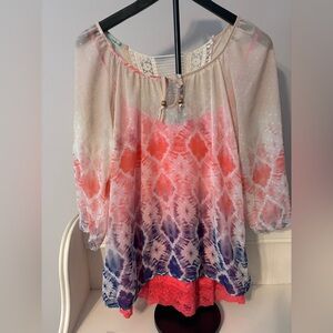 Maurices Coral and Navy Tie-Dye Blouse